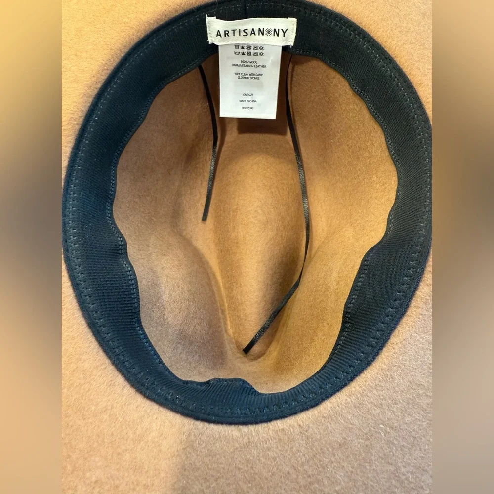 Artisan NY Classic Fedora Hat 100% Wool Tan Brown Faux Leather Adjustable Size